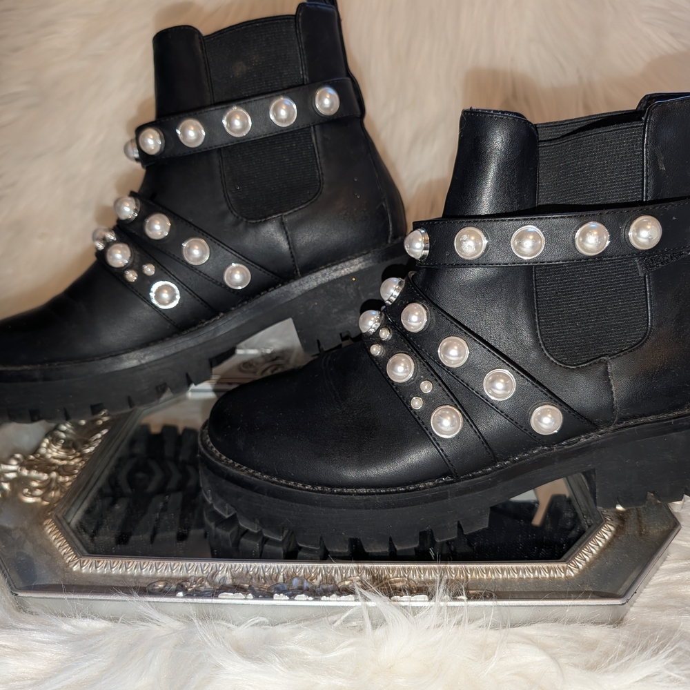 BP Black Ankle Boots with Pearl Accents